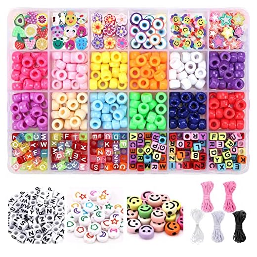 QUEFE 661pcs Pony Beads for Bracelet Making Kit, Kandi Beads for Jewelry Making, Polymer Clay Beads Smile Face Beads Letter Beads for Jewelry Making, DIY Arts and Crafts Gifts, Set for Girls 8-12