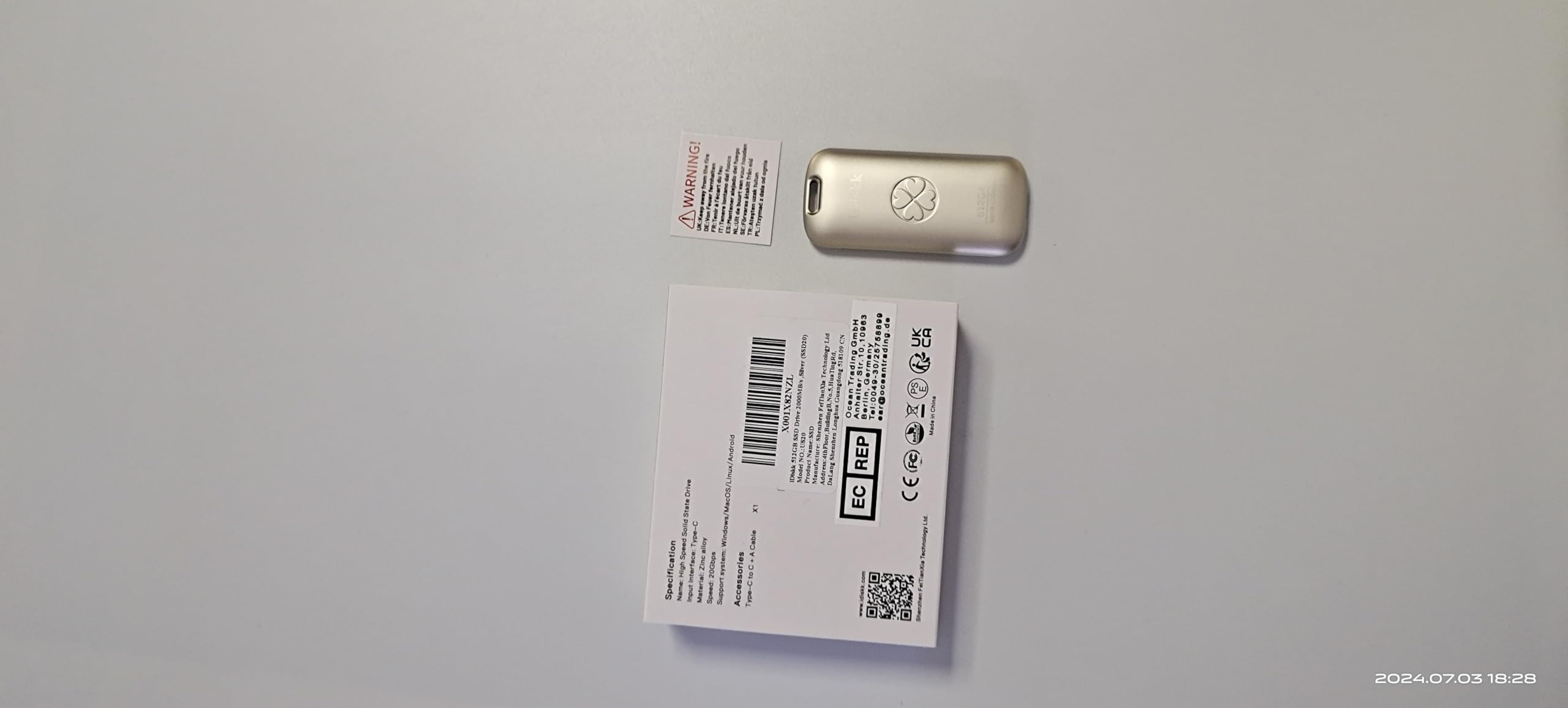 iDiskk Disque SSD Externe 512 Go jusqu'à 2 000 Mo/s, USB 3.2 Gen 2 x 2, SSD Portable Haute Performance avec câble USB-C, Format de Poche 2000 Mo/s (argenté)