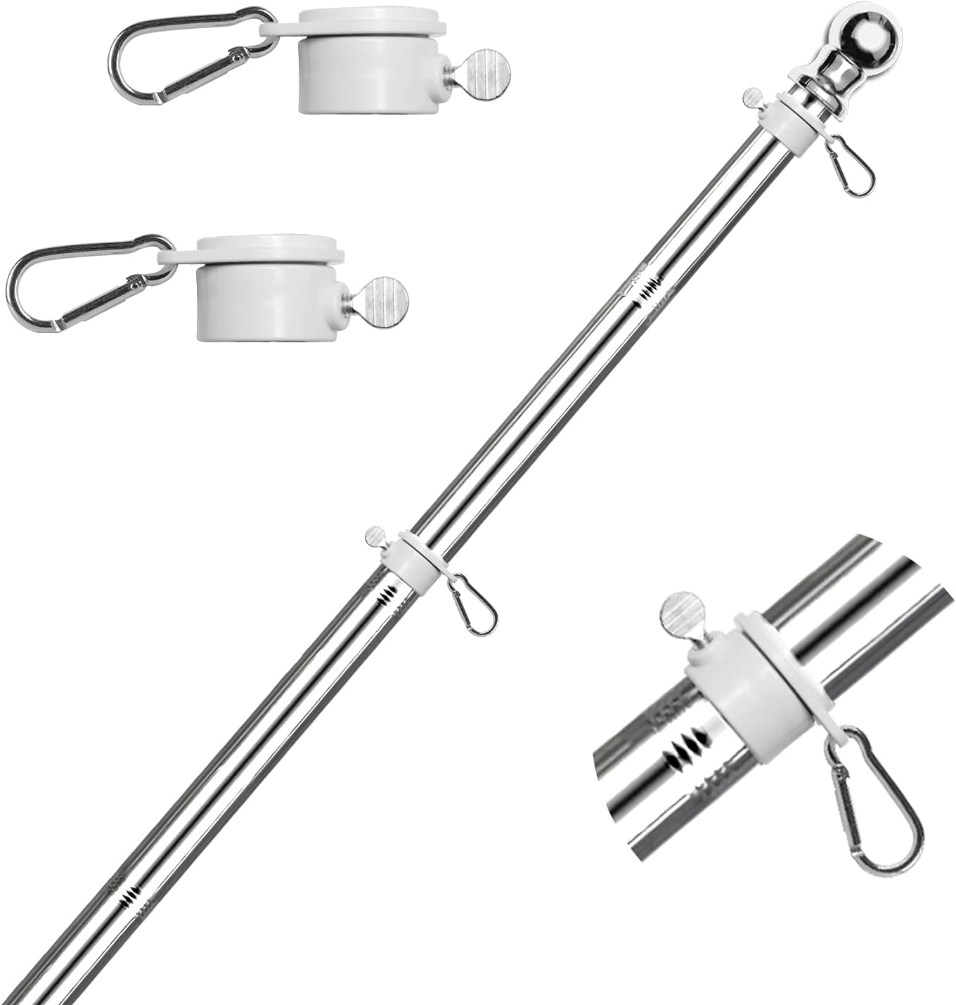 HOOSUN 6 FT Flag Pole Sectional Kit with Rotating Rings and Flag Pole Clips,Stainless Steel Adjustable Pole for Commercial or Residential,Silver Ball Top,Easy to Assemble and Storage