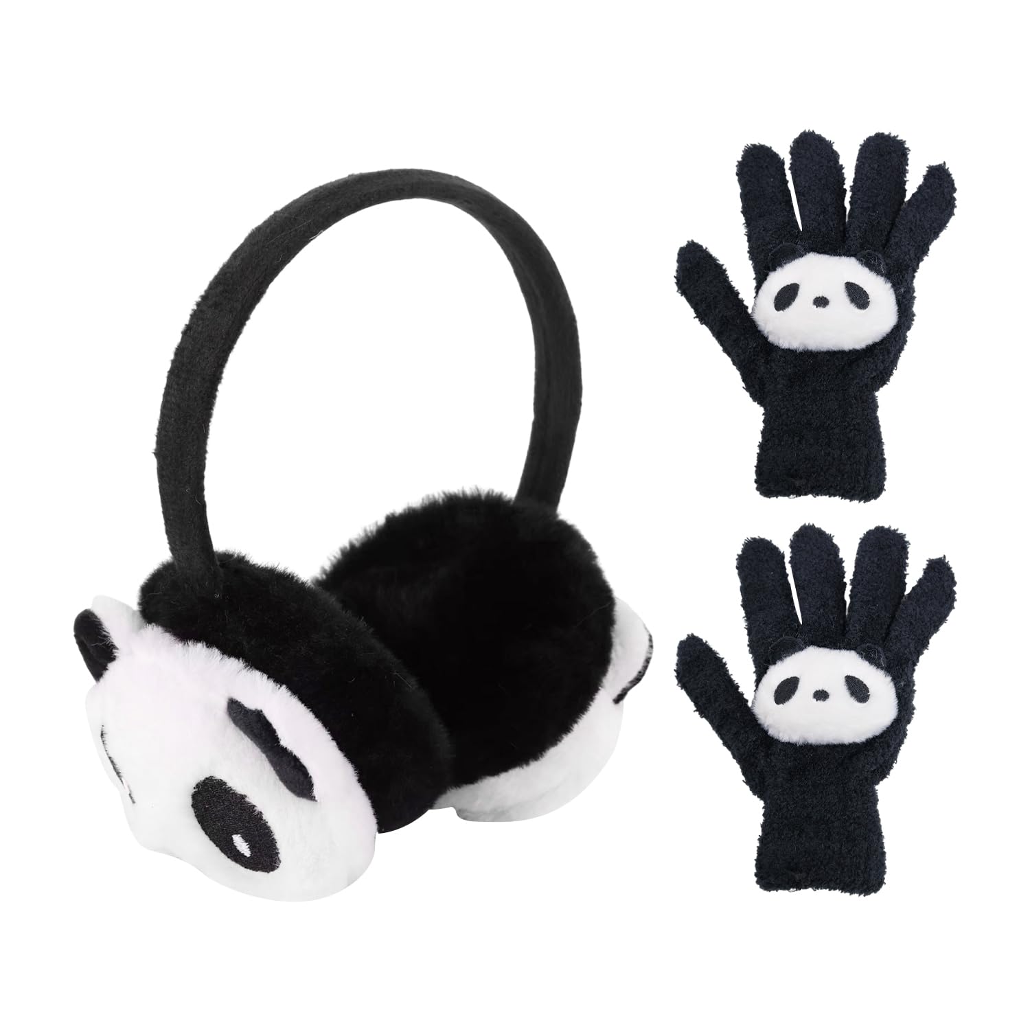 Wufgwbd Unisex Kids Black And White 1 Piece Of Panda Earmuffs, 1 Pair Of Plush Panda Gloves, Winter Plush Thermal Earmuffs, Children's Ear Warmers, Cute Animal Thermal Set