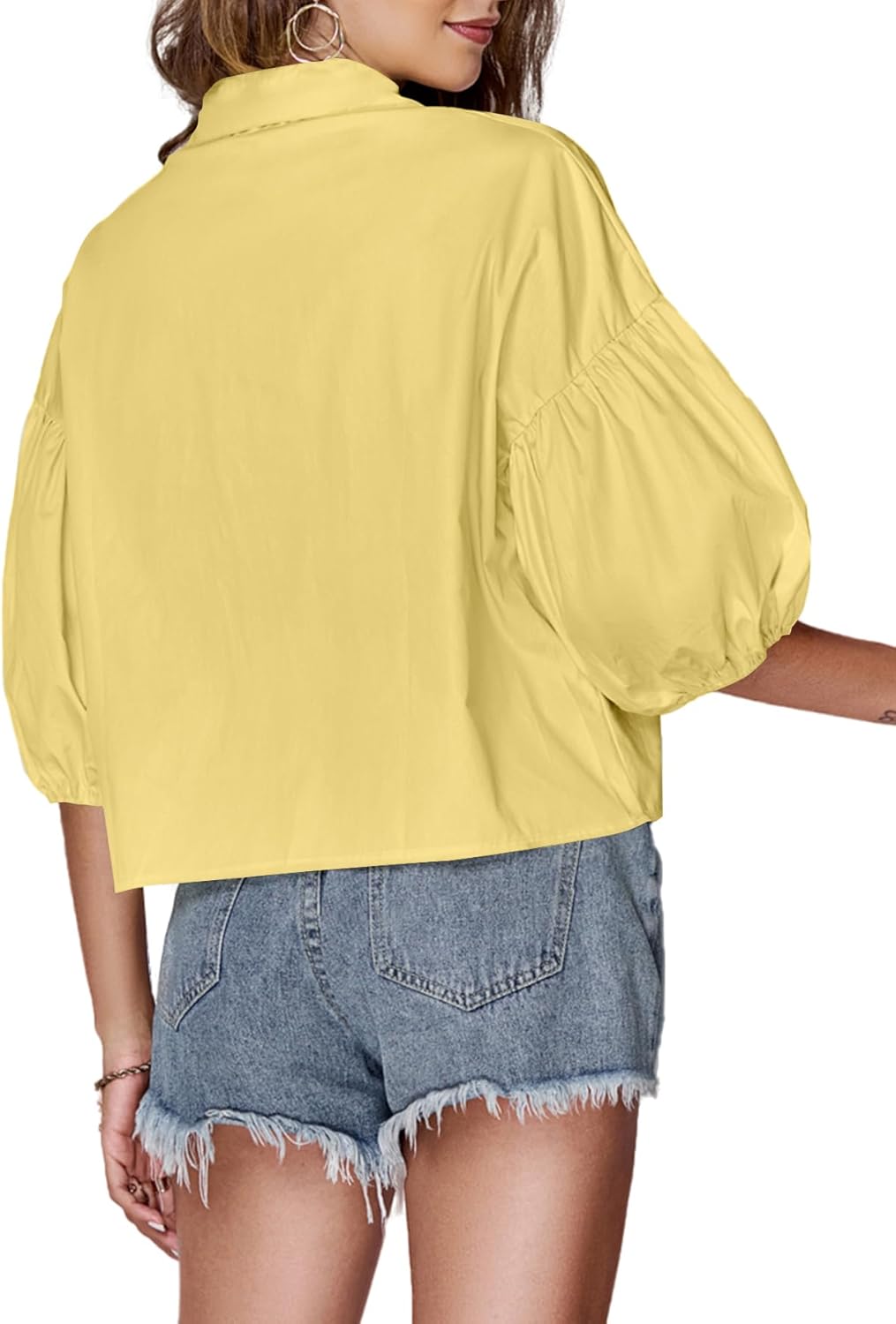 LYANER Women's Collar V Neck Button Down Lantern Short Sleeve Blouse Crop Top Shirt - Image 2