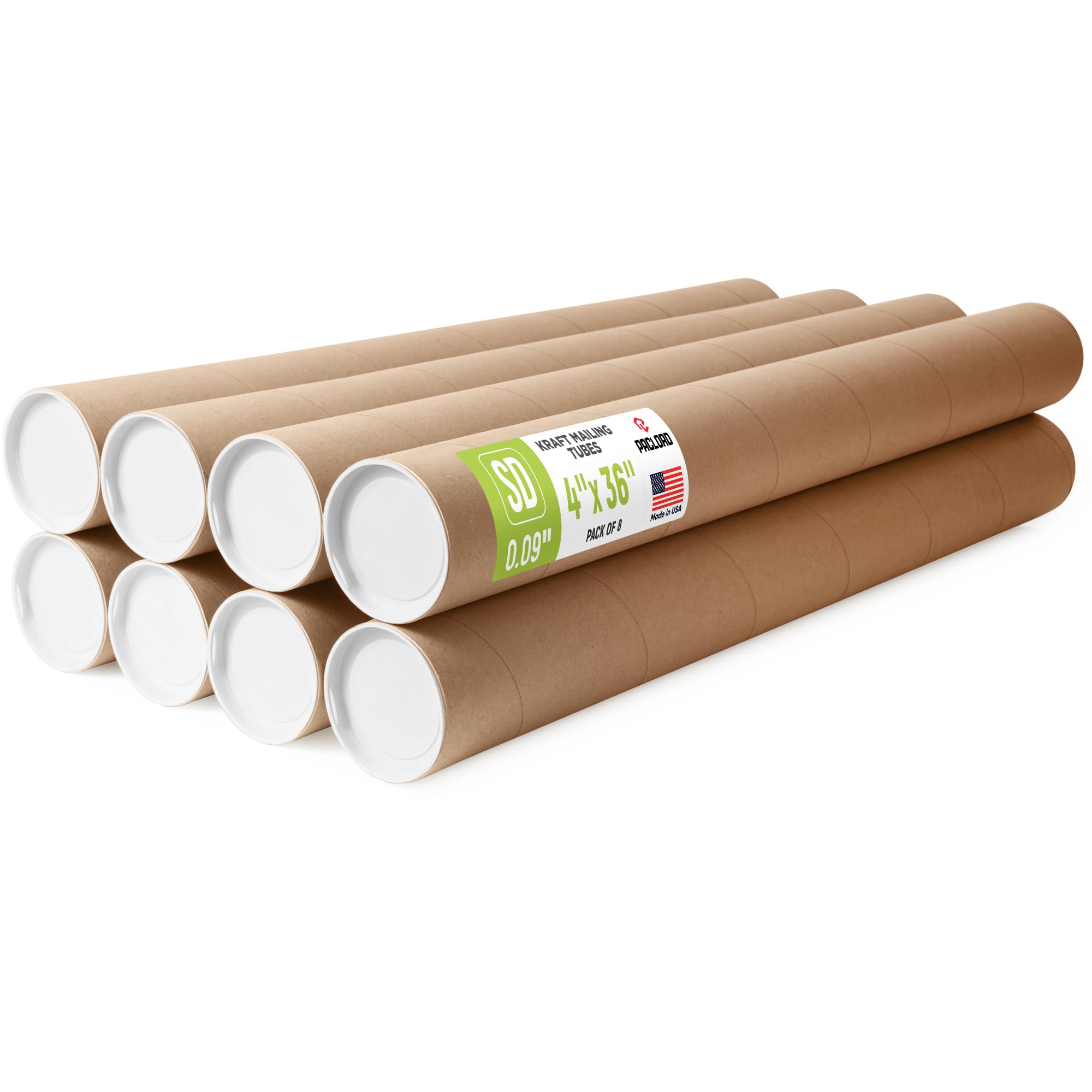 Tubos de correo de papel kraft reforzados de 4 x 36 pulgadas, paquete de 8 tubos con 2 tapas cada uno, tubo de póster aprobado por USPS, tubo de cartón fabricado en Estados Unidos para enviar y