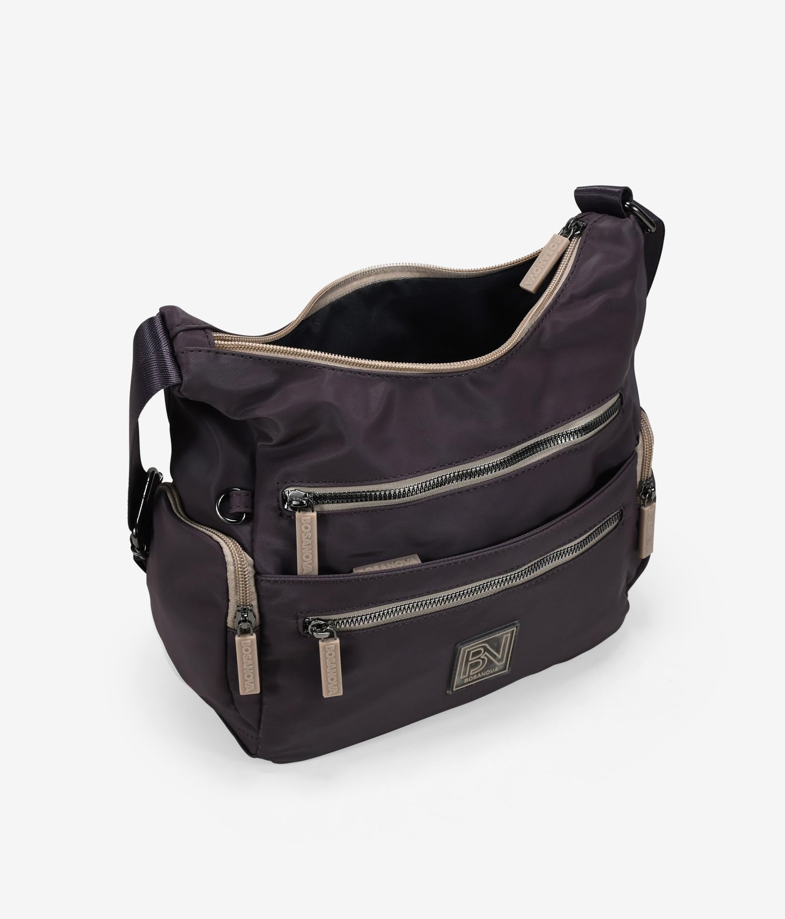 BOSANOVA Bolso Bandolera para Mujer con Dos Bolsillos Frontales y Dos Laterales con Cremalleras. Asa de algodón de Cruzar y Cierre con Cremallera. Burdeos U