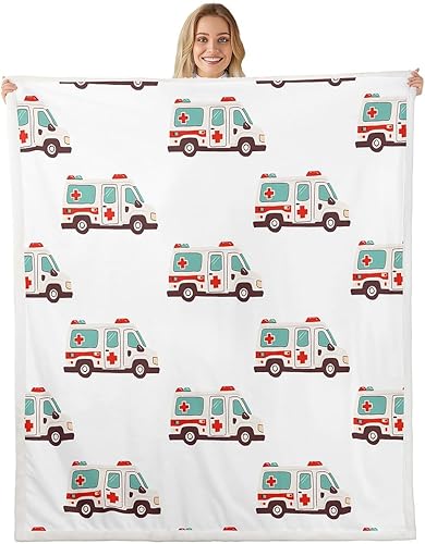 Feelyou Manta de sherpa de ambulancia de dibujos animados para automóvil, manta de forro polar para decoración de automóvil, manta de microfibra de