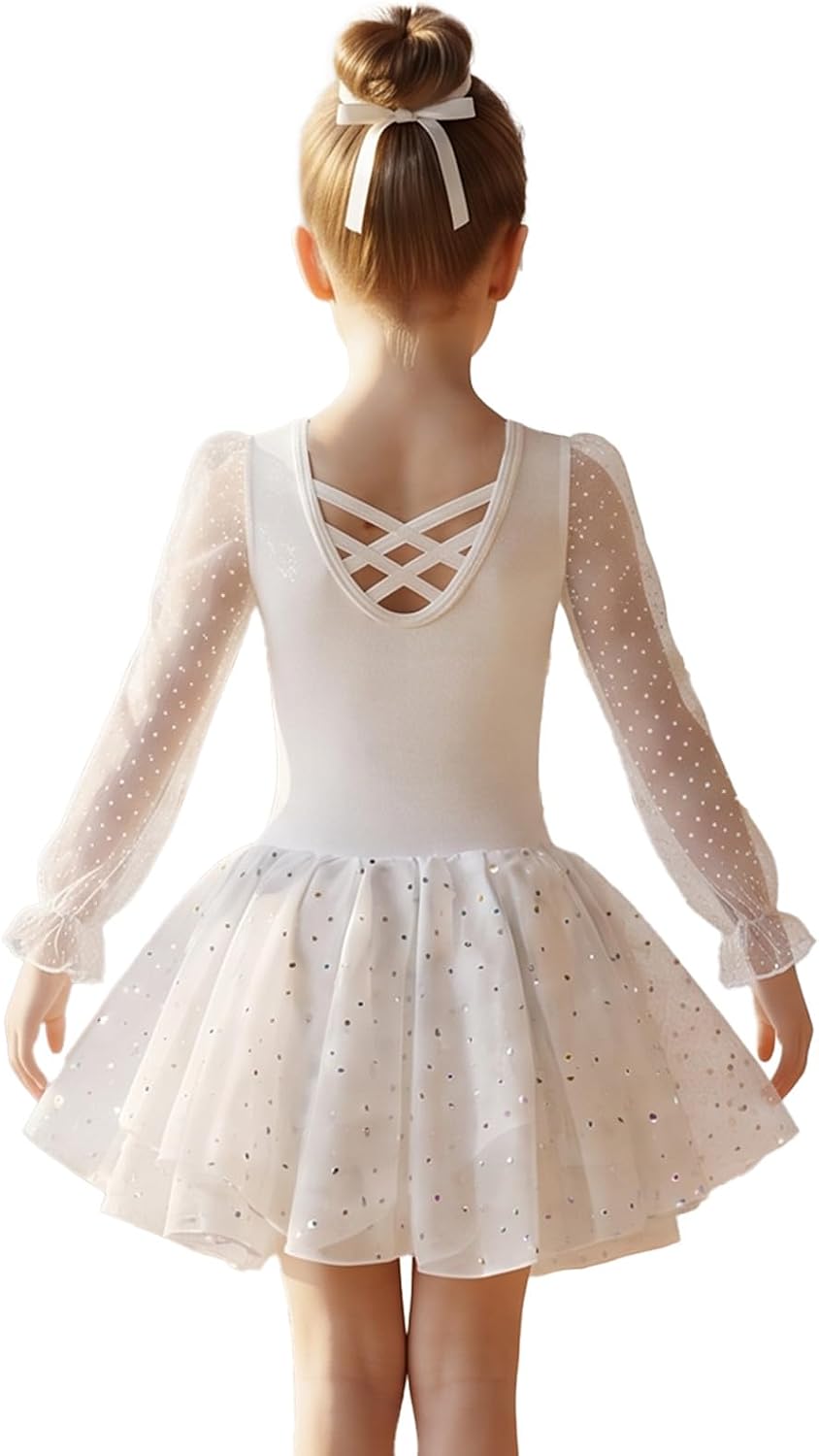 Kids Long Sleeve Figure Ice Skating Dress Youth Gear | Classic Ballet Dress,Ballerina Outfit,Shiny Dance Leotard Dresses,Sparkling Accent,Young Skating Apparel,Artistic Wear