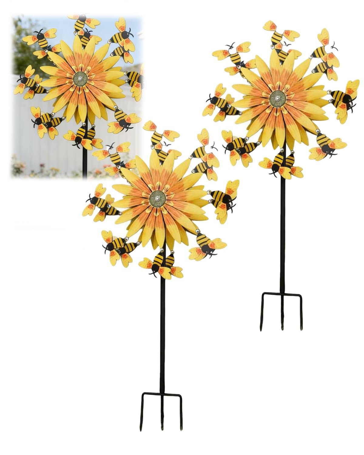 Sunflower and Bees Wind Spinner 3D Metal Kinetic Garden Stake with Rotating Blades UV Resistant Outdoor Vivid & Bee Windmill Whirligig Farm Style Yard Art Decor for Patio Lawn Ornament(2pcs)