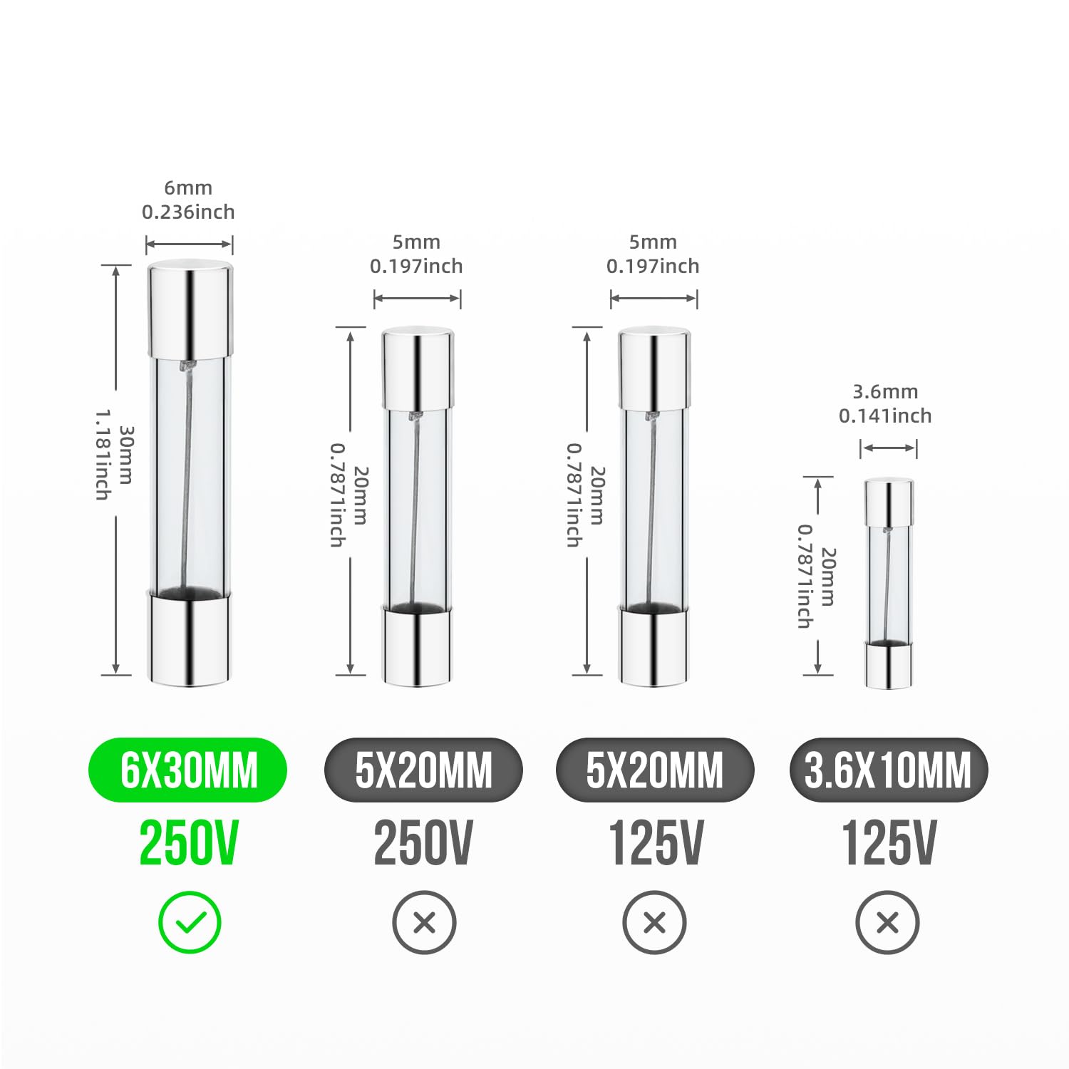 20 sztuk bezpieczników szklanych 2A 2A 2A 250V 6x30mm (F2AL, 250 V)
