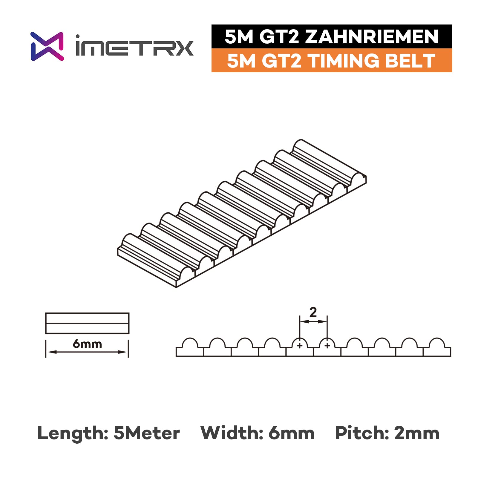 GT2 pasek 6 mm do drukarki 3D, 5 m, pasek rozrządu premium, włókno szklane, odporny na zużycie, brązowy, nylonowy, powierzchnia zębów