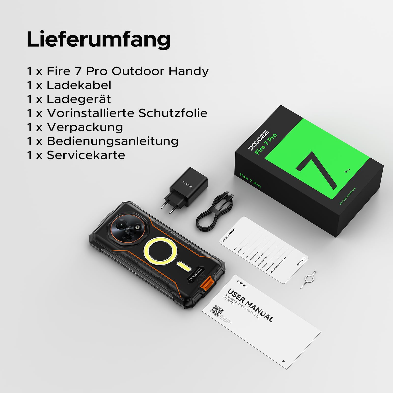 Fire 7 Pro Outdoor Mobile Phone Without Contract 1200LM Dual Camping Lamp AI 5G, Walkie Talkie, 13000mAh, Outdoor Smartphone 32GB+256GB, 6.6 Inch 64MP 3 Card Slot/Face ID/OTG/NFC