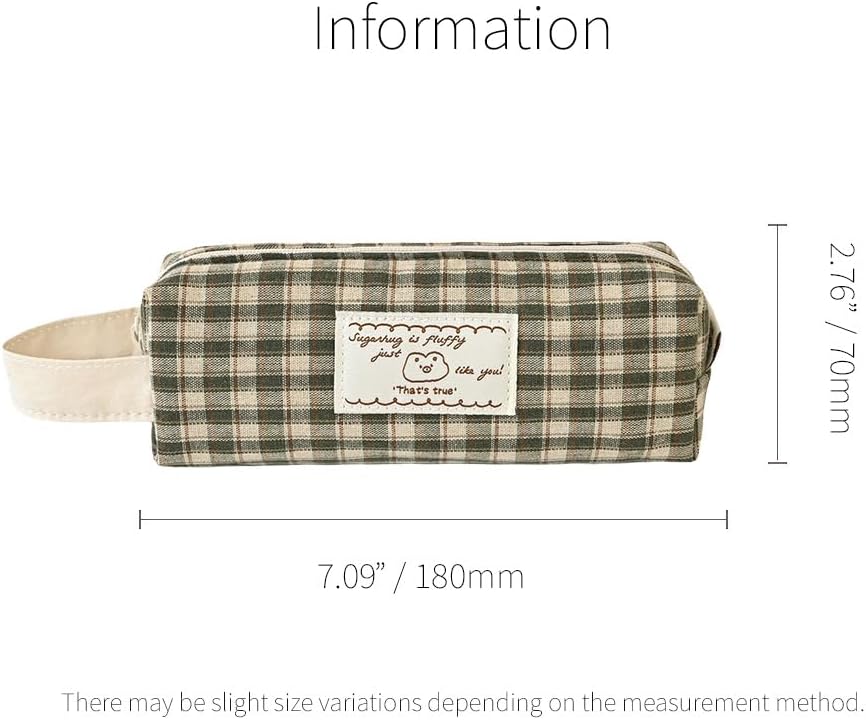 Monolike Unmatched Friends Fabric Check Block Pencil Case, Vintage green - Aesthetic Gingham Pastel Desk Organizer, Soft Padded Makeup Brush Case, Trendy Minimalist Stationery Pouch