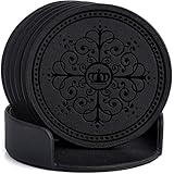 HappyDavid Leather Drink Coasters Cup Mat Set of 6 with Coaster Holder for Fine Wine Beer or Any Beverage Use on Bars or Fine Furniture in Your Kitchen (black round)