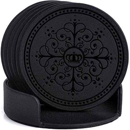 Coasters,Classic Pattern Faux Leather Drink Coasters set of 6 with Holder for Coffee Drinks by Happydavid(black round)