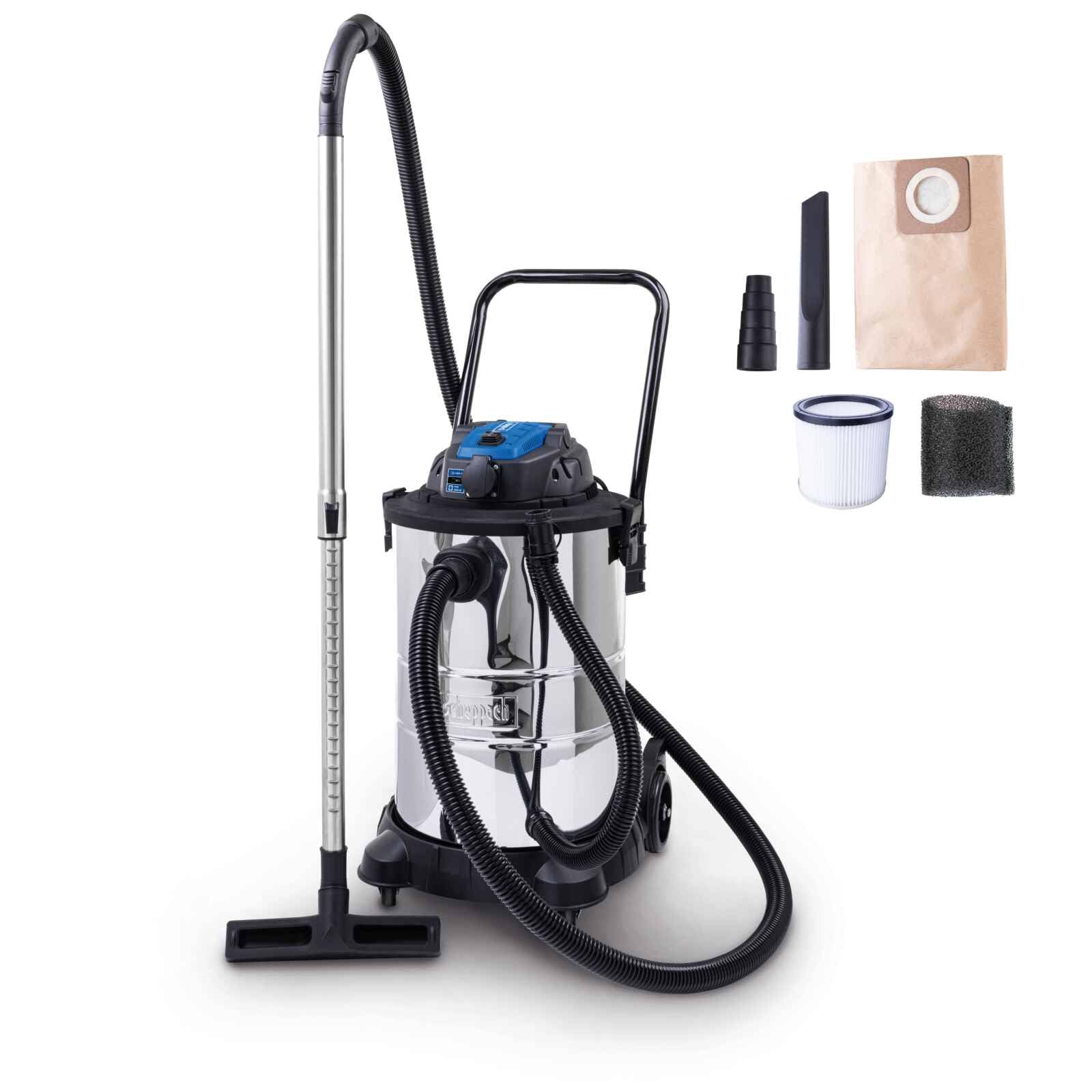 Scheppach Aspirador en seco y húmedo VC50 | 50L recipiente de acero inoxidable y accesorios | 1400 W de potencia | potencia de succión 20 kPa | Tubo telescópico, enchufe para herramientas y cierre