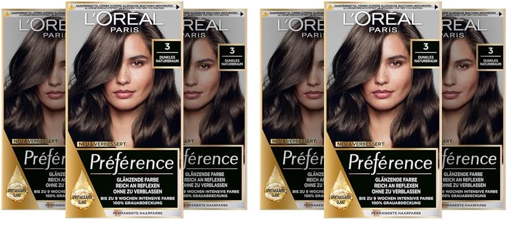 L'Oréal Paris Permanente Haarfarbe, Haarfärbeset mit Coloration und Farbglanz-Pflegebalsam, Préférence, 3 Dunkles Naturbraun, 3er Set (Packung mit 2)