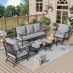 Patio Furniture Set 5 pcs, Outdoor Patio Furniture, 3-Seat Sofa, 2 Rocking Chairs, 2 Ottomans and 5.75″ Extra Thick Cushion, Patio Conversation Set for Garden Backyard Deck,Grey