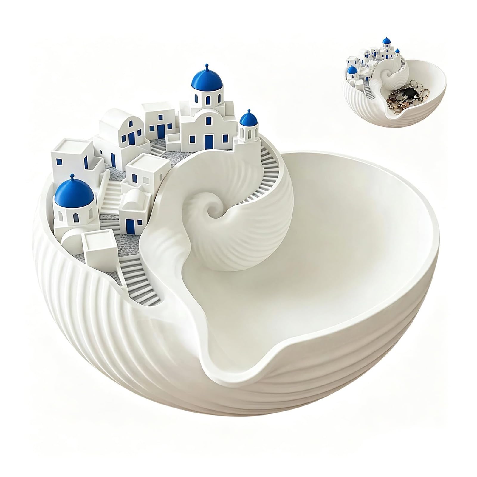 Ciotola portaoggetti di Santorini, organizer per chiavi dell'isola greca stampata in 3D, ciotola conchiglia da costruzione a cupola blu, vassoio decorativo in stile architettonico (1pc)