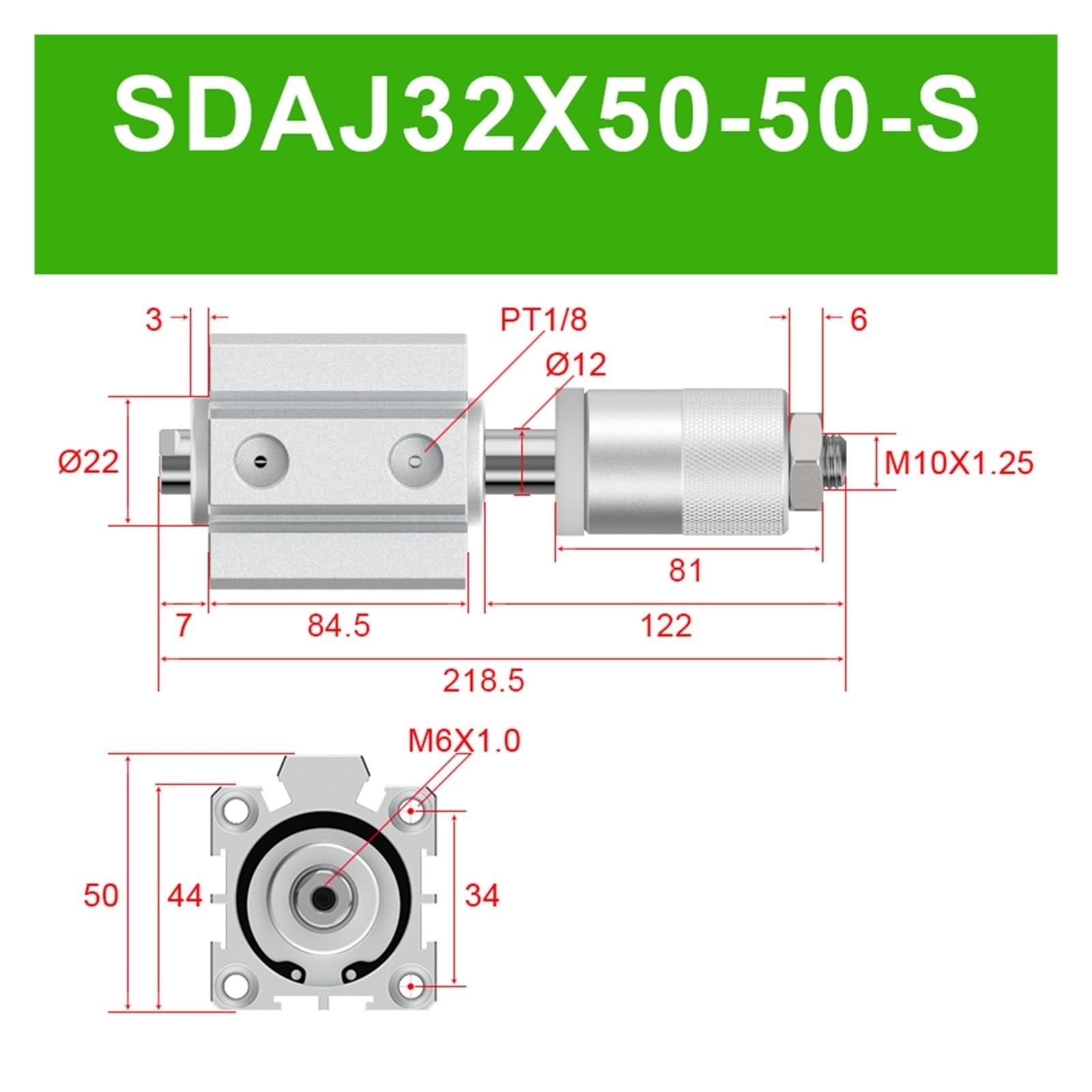 DEBLAN Pneumatikzylinder, SDAJ32X50-50-S Dünner Zylinder mit einstellbarem Hub, Innengewinde mit Magnet, Hub 50 mm, Einstellbarer Hub 50 mm, Schubkraft 23 kg