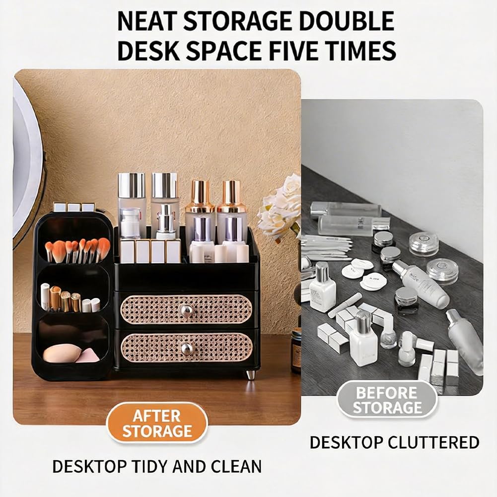 Organizer per trucchi con 2 cassetti, organizer per la cura della pelle, antiscivolo, porta pennelli per cosmetici, profumi, palette di ombretti, smalti per unghie