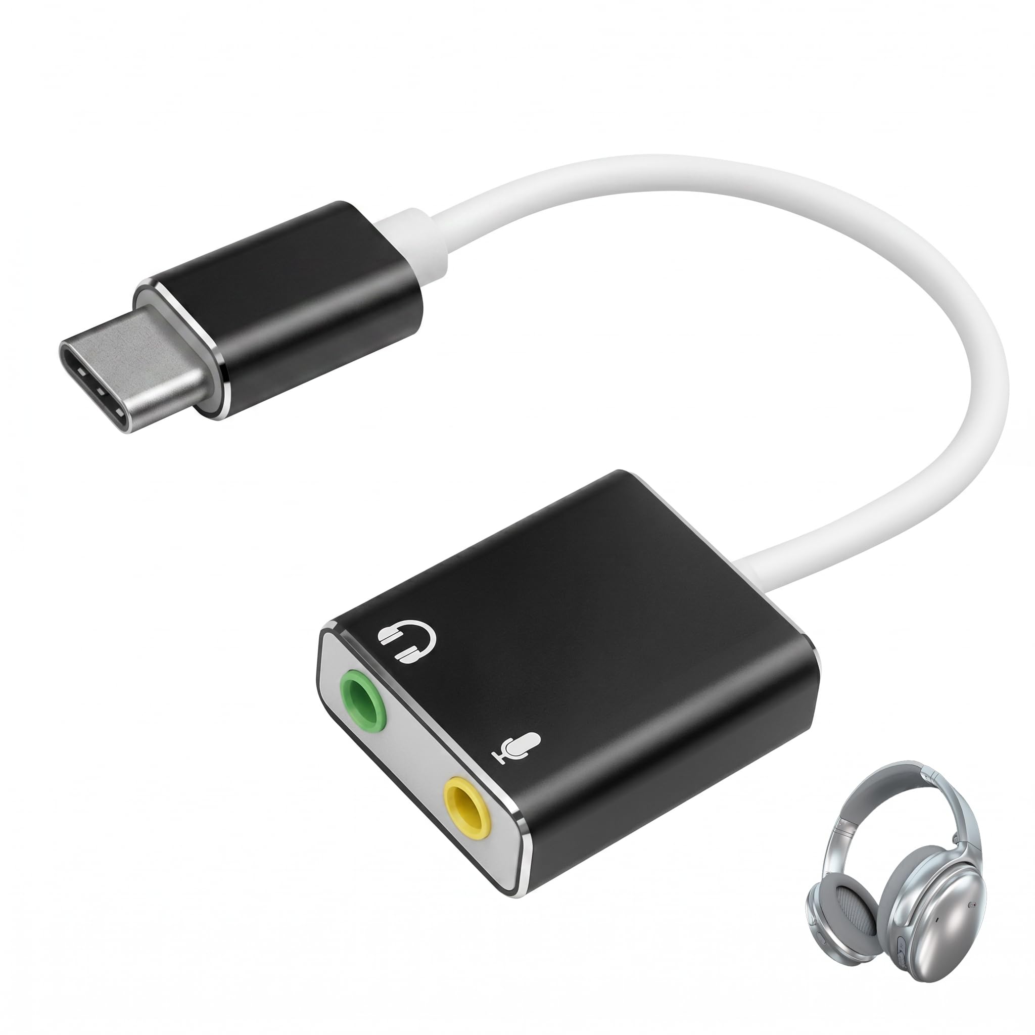 Externe Soundkarte USB C, USB C Soundkarte auf 3,5 mm Klinke Audio Adapter mit Kopfhörer Ausgang und Mikrofon Eingang, 3D Stereo Plug and Play für PC Laptop Mac PS4 PS5 Xbox Windows Gaming