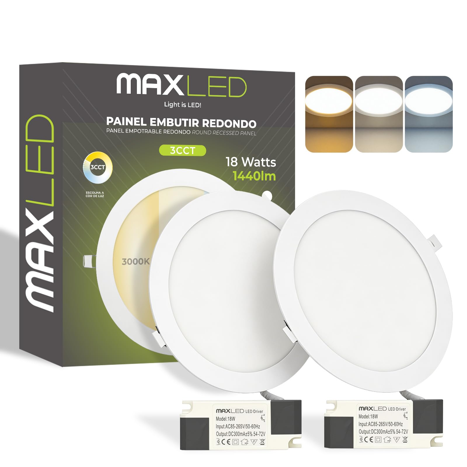 Maxled Light is Led! 2PCS 18W Round Recessed Ceiling Flat Panel 1440lm Down Light Ultra Slim Lamp Warm White 3000K Neutral 4000K Cool 6000K Aluminum Spotlights for Home Kitchen Bathroom No Dimmable
