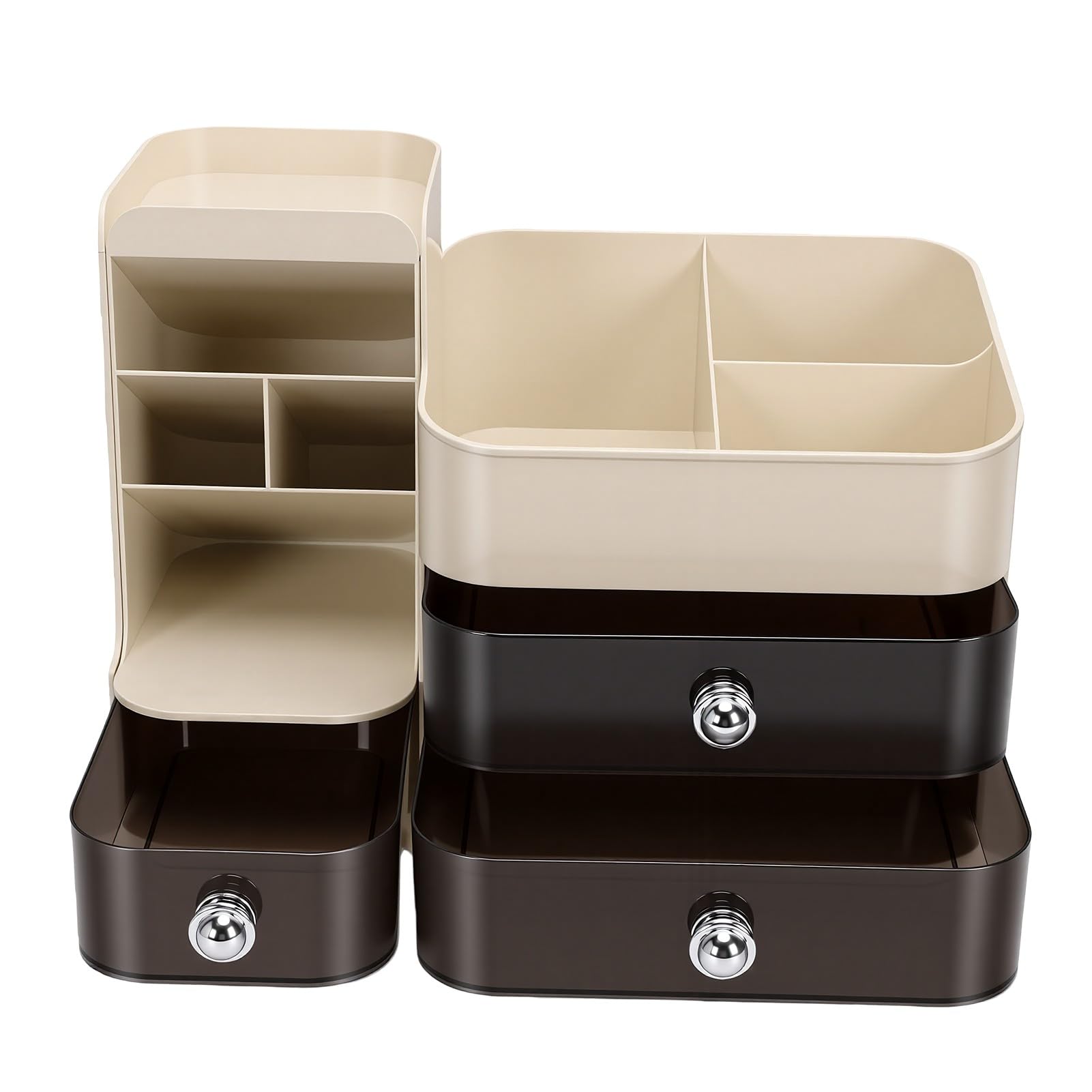 Duokon Porta Trucchi da Tavolo con Porta Pennelli e 3 Cassetti per vanità Bagno Ufficio Storage (bianco panna)