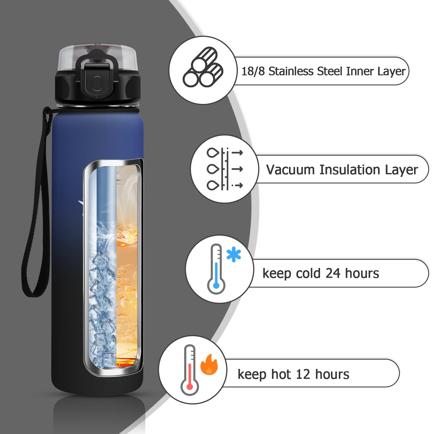 Insulated Water Bottle, 1 L, Insulated Bottle, BPA-Free Stainless Steel Water Bottle for School, Office, Outdoor, Sport - 5