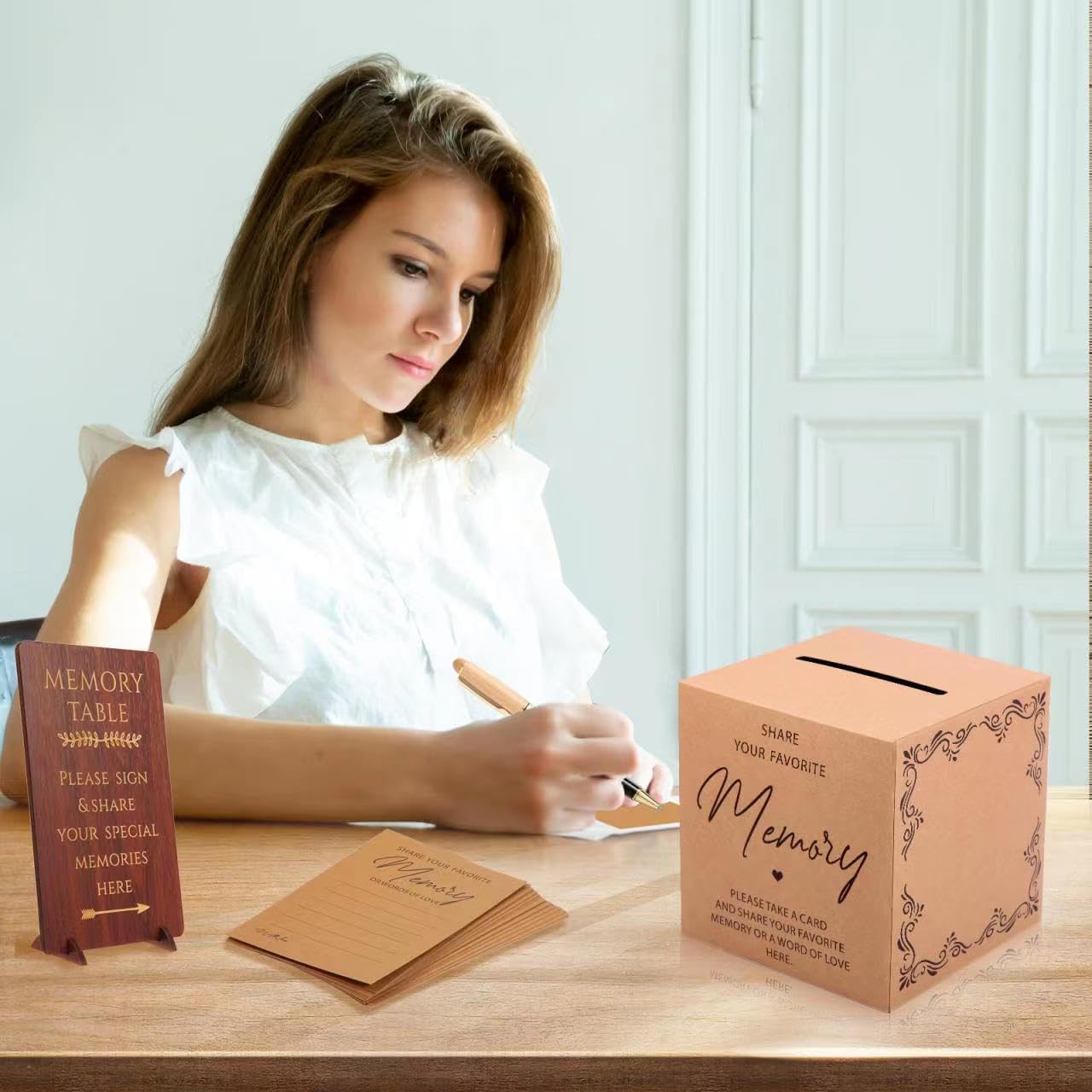 Wooden Funeral Guest Book Set for Memorial Service Celebration of Life Party Decorations in Loving Memory Guest Register Book with Pen&Stand, Included Table Sign,Share a Memory Cards and Box-Butterfly