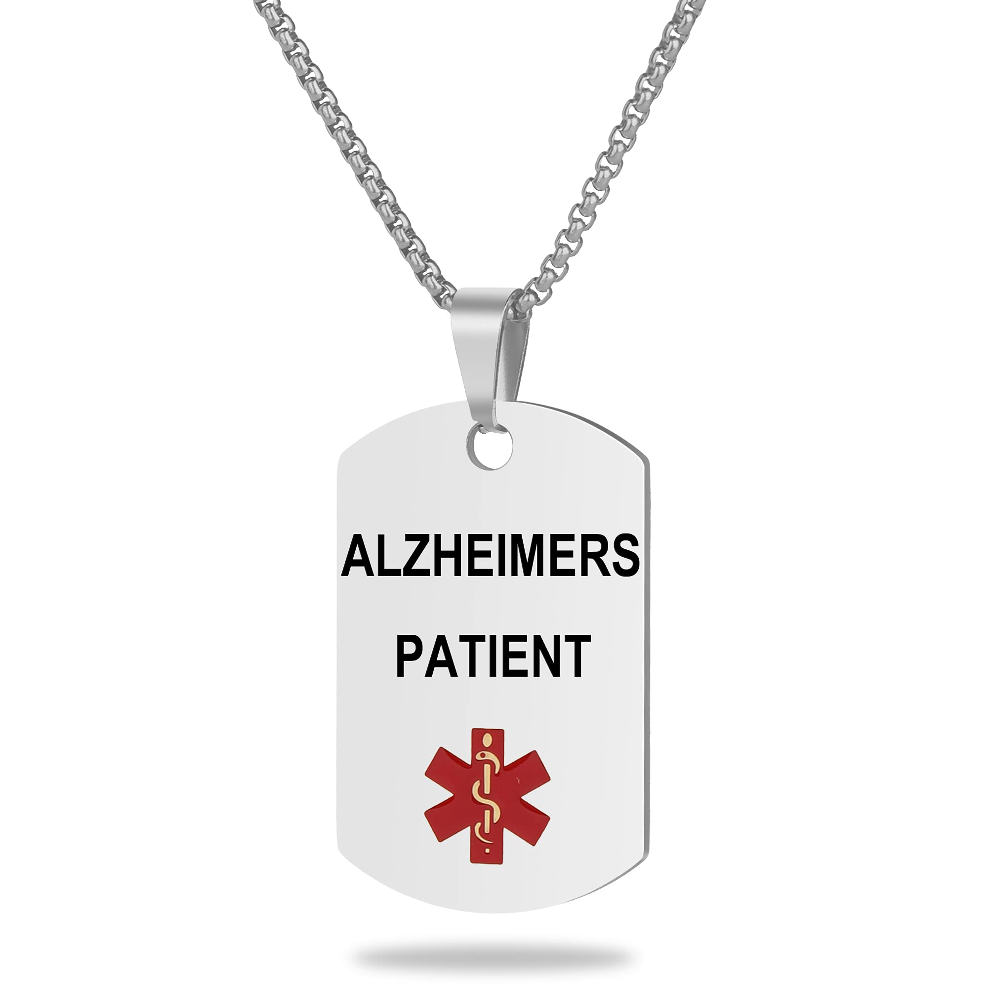 Medical Alert ID Necklace, Laser Engraved ALZHEIMERS PATIENT, Stainless Steel Tag Pendant with 23.6 inch Chain for Men Women Emergency First Aid