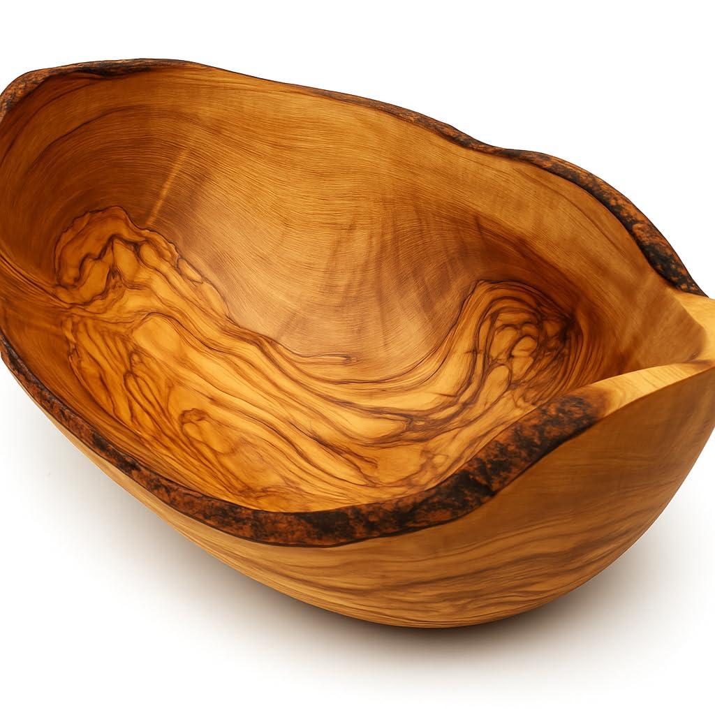 Olivenholz Obstschale rustikal - Handgefertigte Holzschale, mediterrane Schüssel für Snacks, Obst & Brot, nachhaltige Tischdekoration (25-29cm)