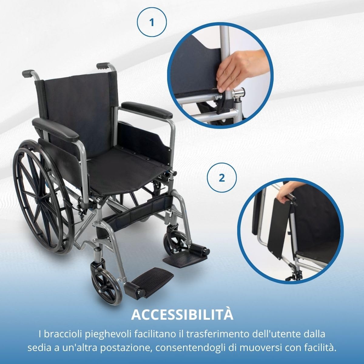 Mobiclinic®, Sedia a rotelle pieghevole, Semovente, Marchio europeo, Robusta, Seduta 46cm, Poggiapiedi e braccioli pieghevoli rimovibili, Leva del freno, Ruote sgancio rapido, Argento, Marsella