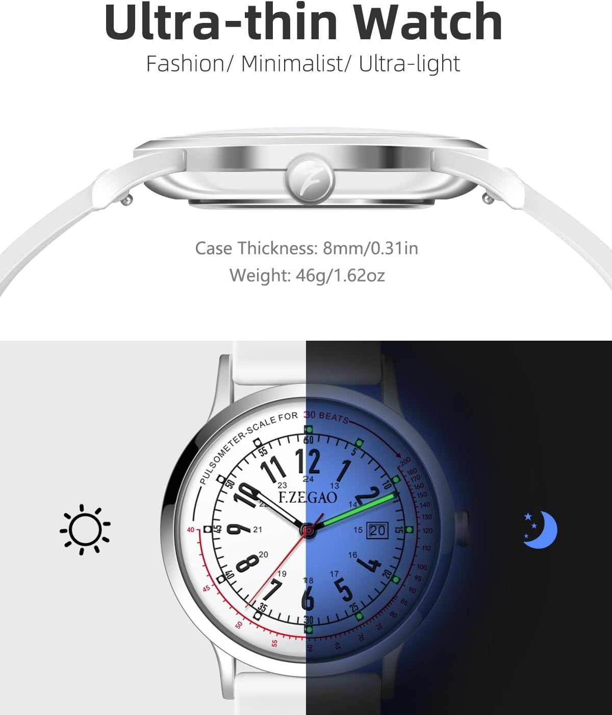 Nurse Watch Pulsometer Unisex, 50M Waterproof Watches for Swimming 12/24 Hour Military Time Luminouse Easy Read Dial - Image 3