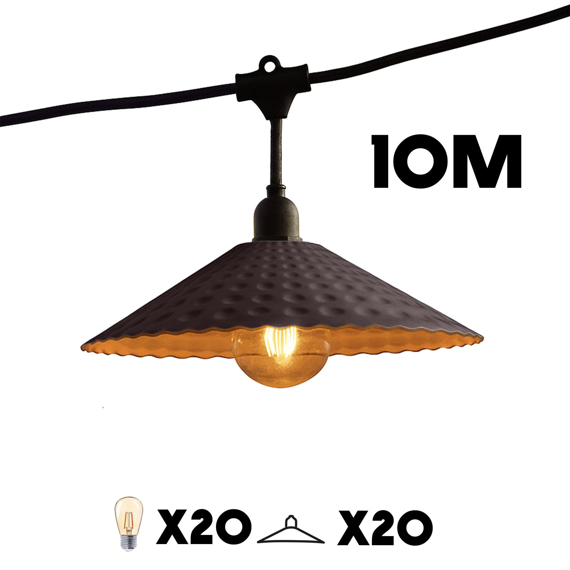 Lichterkette für den Außenbereich, anschließbar, 10 m, mit 20 LED-Filament-E27-Leuchtmitteln, warmweiß, VINTY LIGHT und Lampenschirm aus Metall, Vintage-Stil