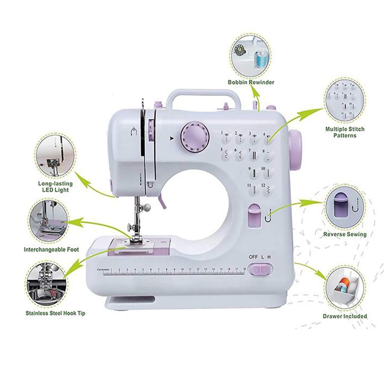 Machine à coudre portable, 12 points 2 vitesses Mini machine à coudre Machine à broder surjeteuse électrique avec veilleuse LED et pédale, outil de couture domestique pour débutants