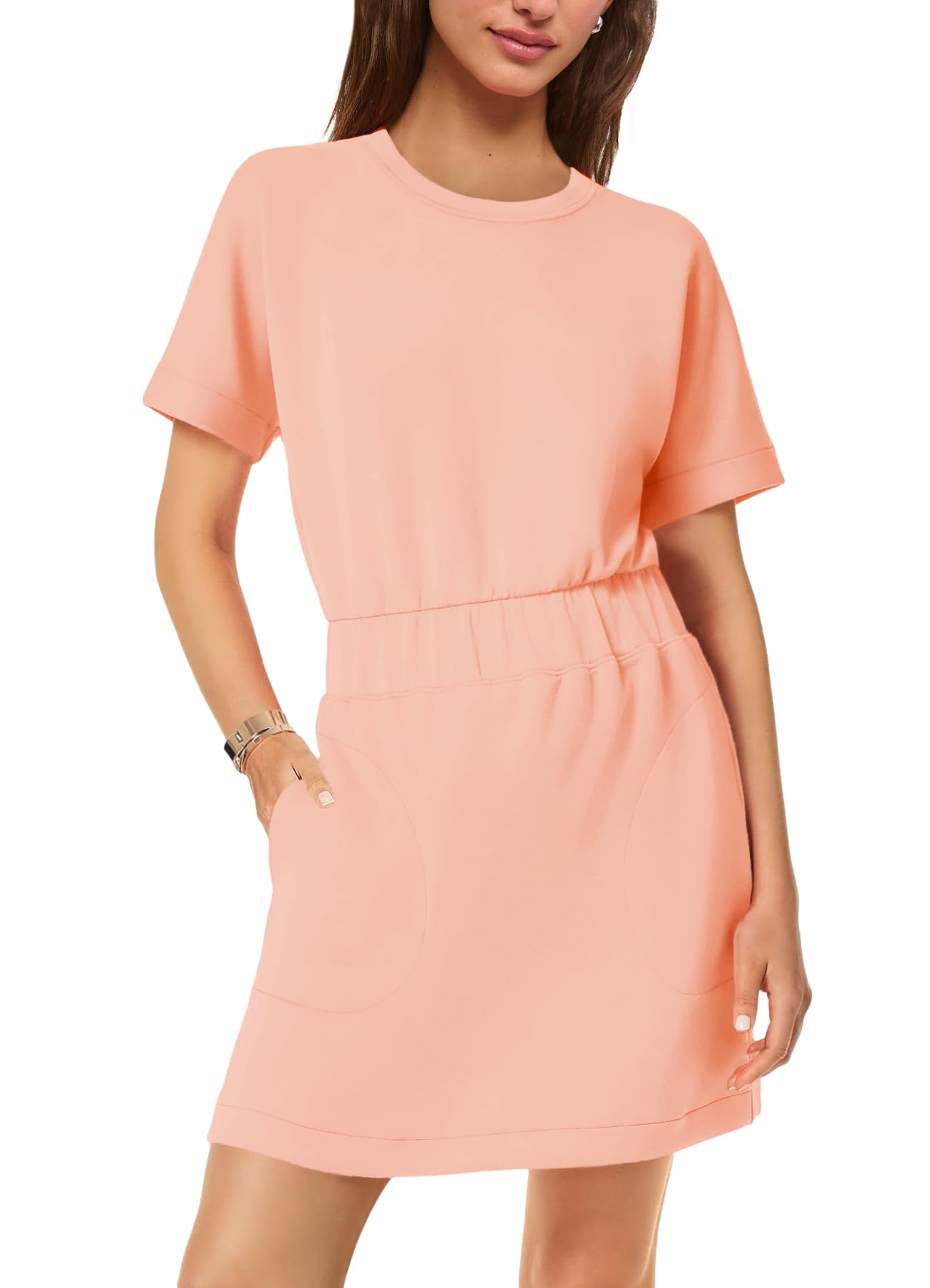 SENSERISE Womens Short Sleeve T Shirt Dresses Crew Neck Solid Color Basic Smocked Waist Dress with Pockets