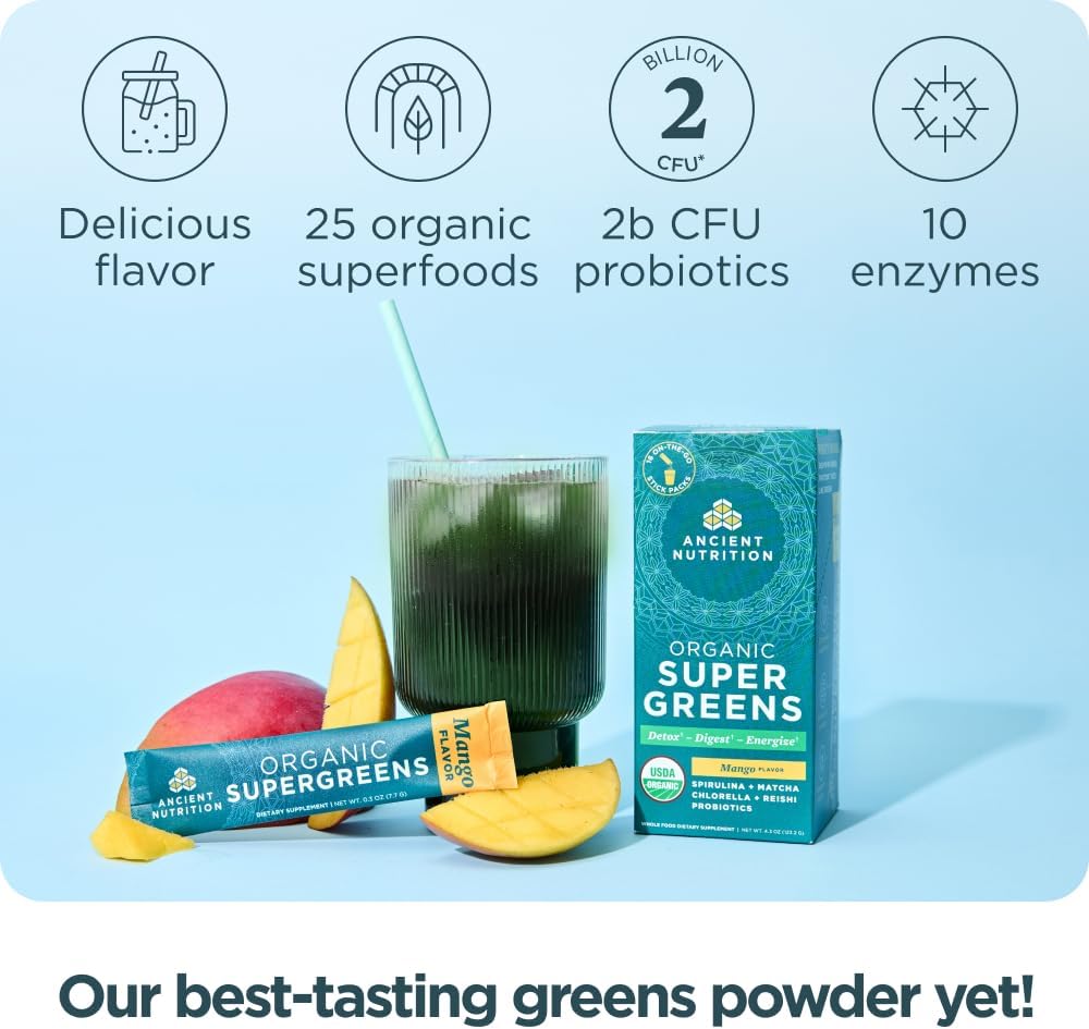 Ancient Nutrition SuperGreens Powder with Probiotics, Organic Mango Flavor Greens, Made from Real Fruits, Vegetables and Herbs, Digestive and Energy Support, 16 Stick Packs, 4.3oz - Image 3