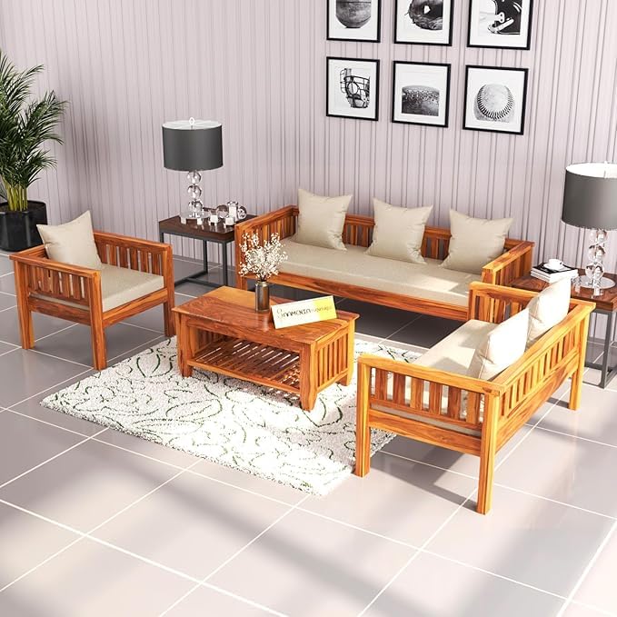Image of Sheesham Wooden 6 Seater Sofa for Living Room | Rosewood 6 Seater Cushion Sofa Low Height | Solid Wood Sofa Set for Lounge (3+2+1,Honey)