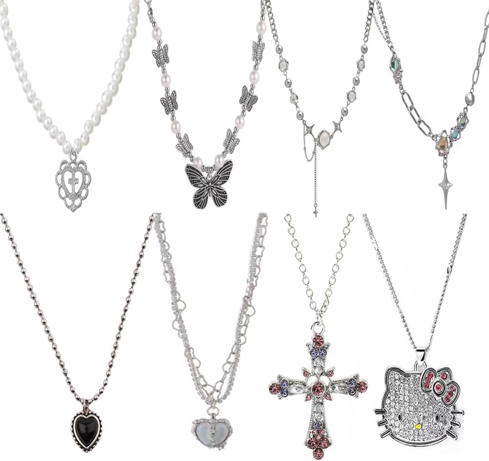 ZJeris Y2k Necklaces Accesories Grunge Moonstone Cross Heart Butterfly Pearl