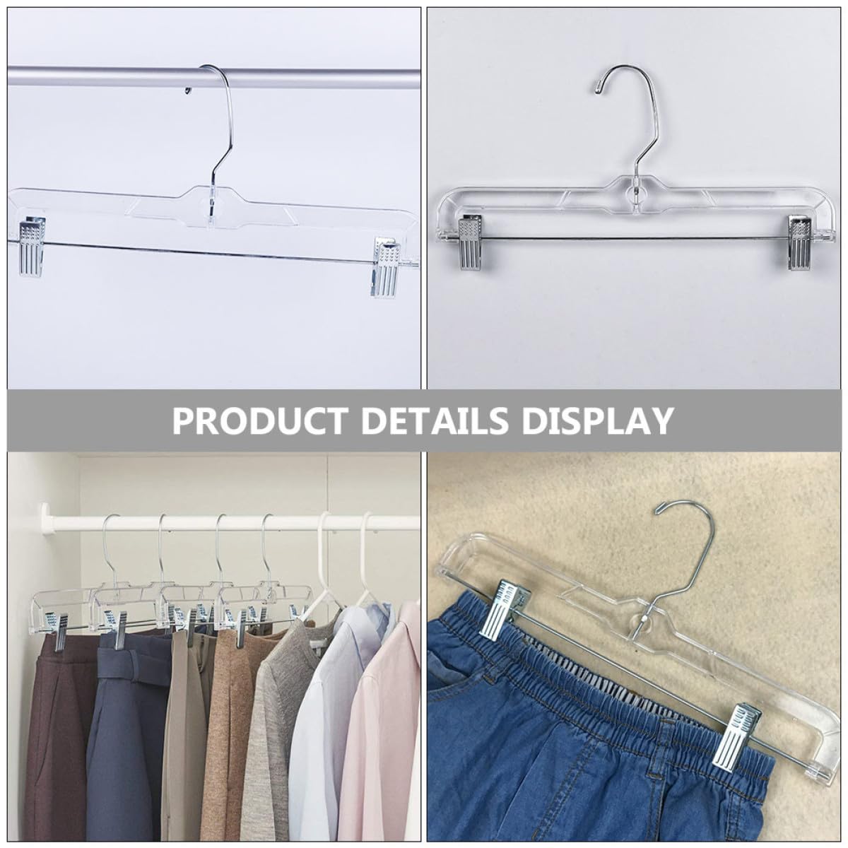 Perchas para Pantalones con Clips Ajustables, 10 Unidades, Transparentes | Ganchos Giratorios 360°, Barra Telescópica, Plástico E Hierro, para Tallas Variadas sin Deformación