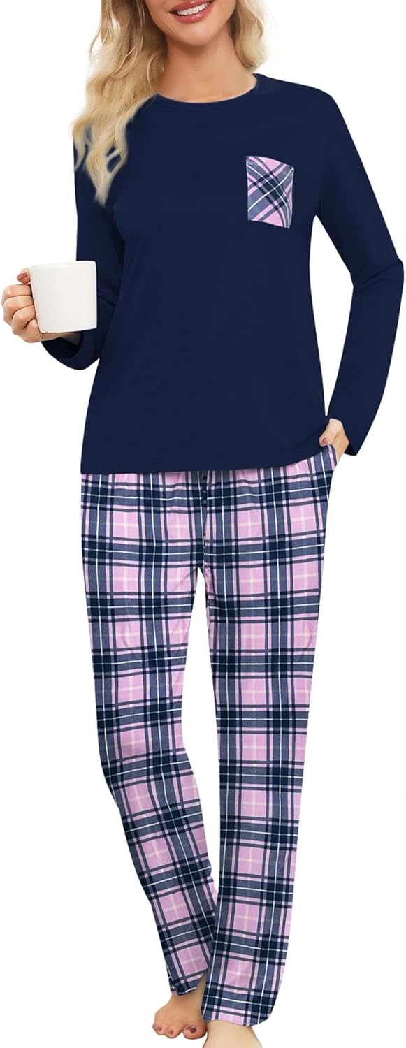 ENJOYNIGHT Womens Pajama Set Long Sleeve Pjs Two Piece Sleepwear Plaid Pant with Pockets