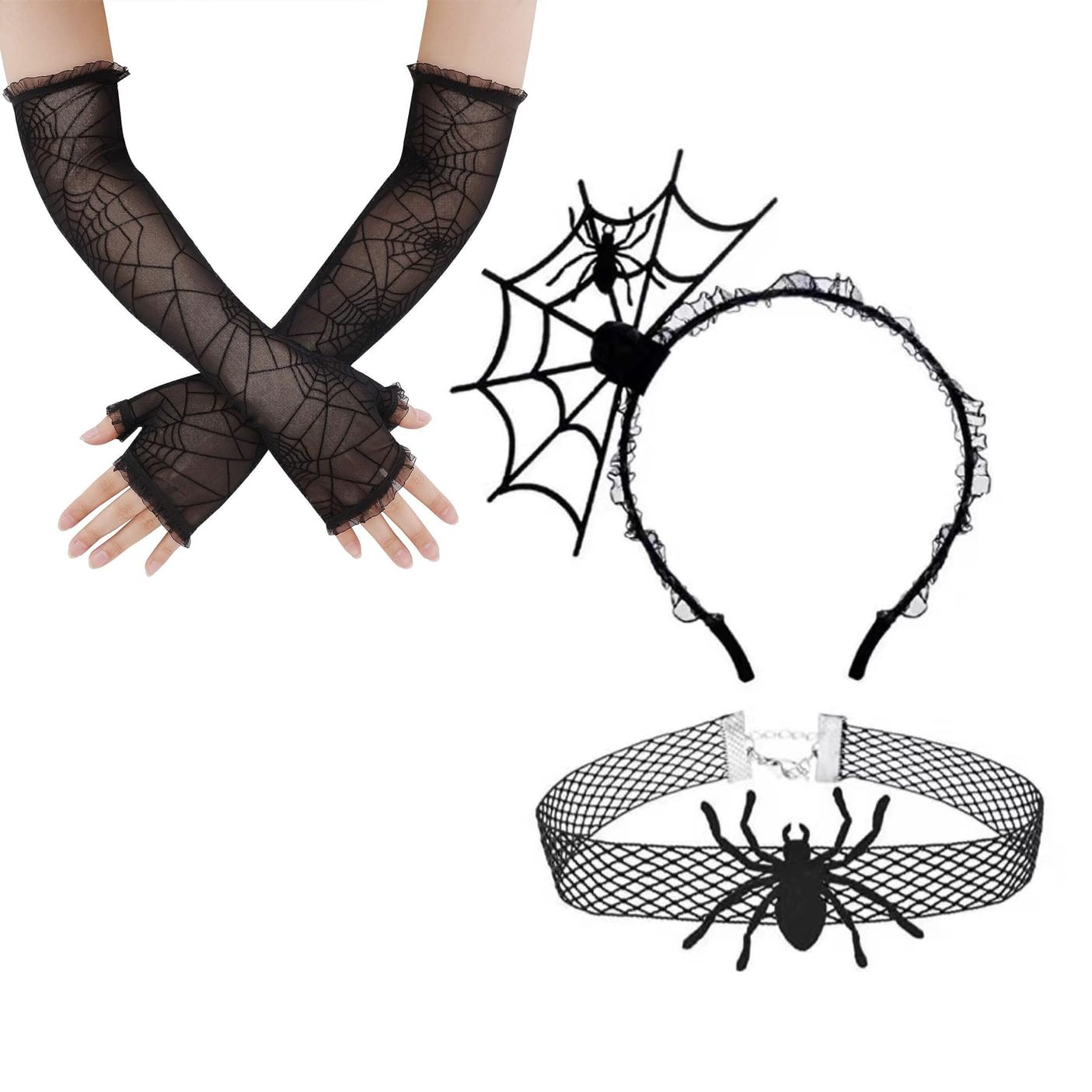 Halloween Spider Web Hair Hoop, Spider Headband and Collars, Gloves Cosplay Masquerade Dress Costume Accessories for Women and Girls