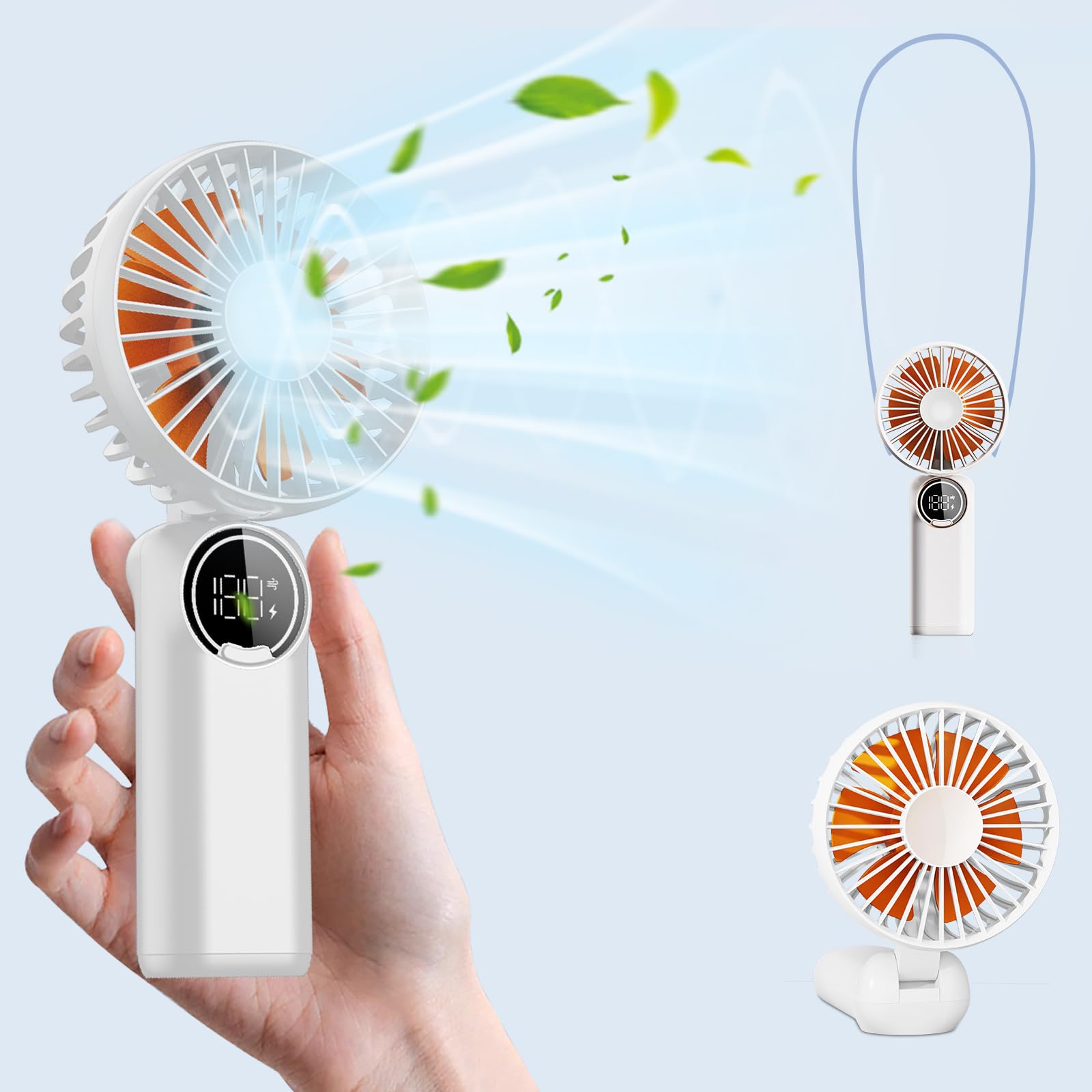 Personal Fan Handheld Fan RechargeableType C Desk Fan Portable Travel Fan with 180° Foldable 6 SpeedSmallHand FanWithDisplay Electricity in RealTime for Women Men Home office Travel Outdoor (White)