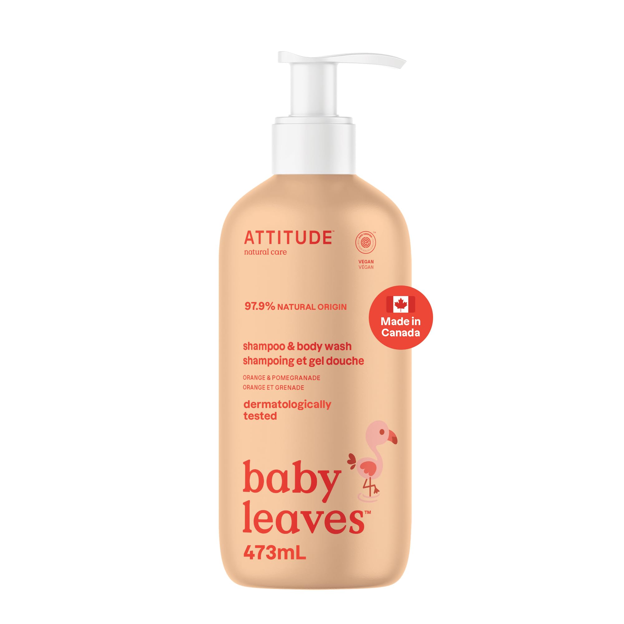 ATTITUDE Baby 2-in-1 Shampoo and Body Wash, Made in Canada, EWG Verified, Dermatologically Tested, Vegan, Orange and Pomegranate, 473 mL