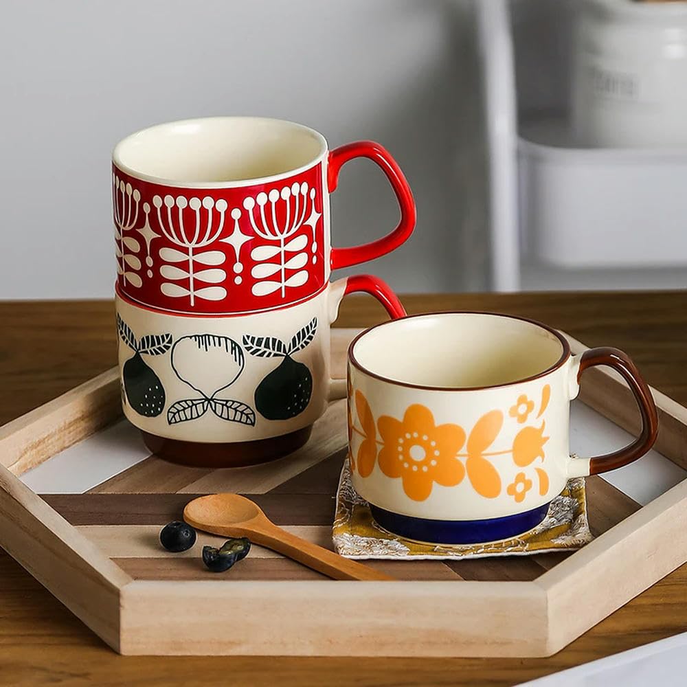 Zestaw 4 ceramicznych filiżanek do kawy, wiszące na uszach, podszkliwne, na śniadanie, mleko, płatki owsiane, japoński styl retro, możliwość układania w stosy