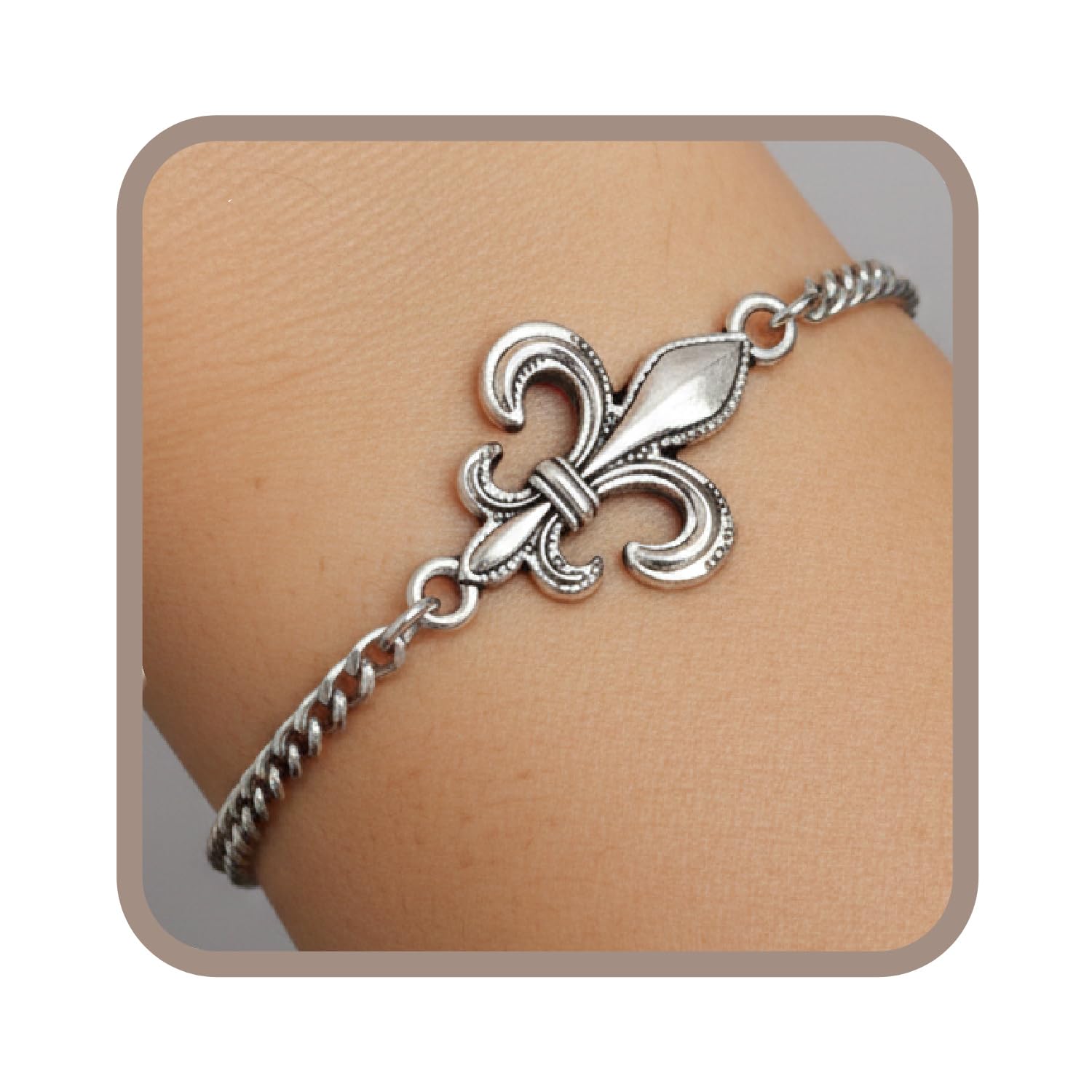 Stainless Steel Fleur De Lis Charm Bracelet, Handmade Adjustable French Monarch Jewelry