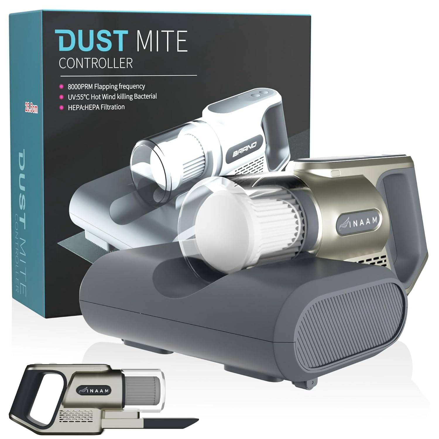 INAAM Dust Mite Cordless Vacuum Bed Sofa Cleaner UV Light Sterilisation HEPA Filtration KPA Power Suction Ideal for Bed Sofa Pillow & Other Fabrics KillsBacteria (Golden)-picture-25