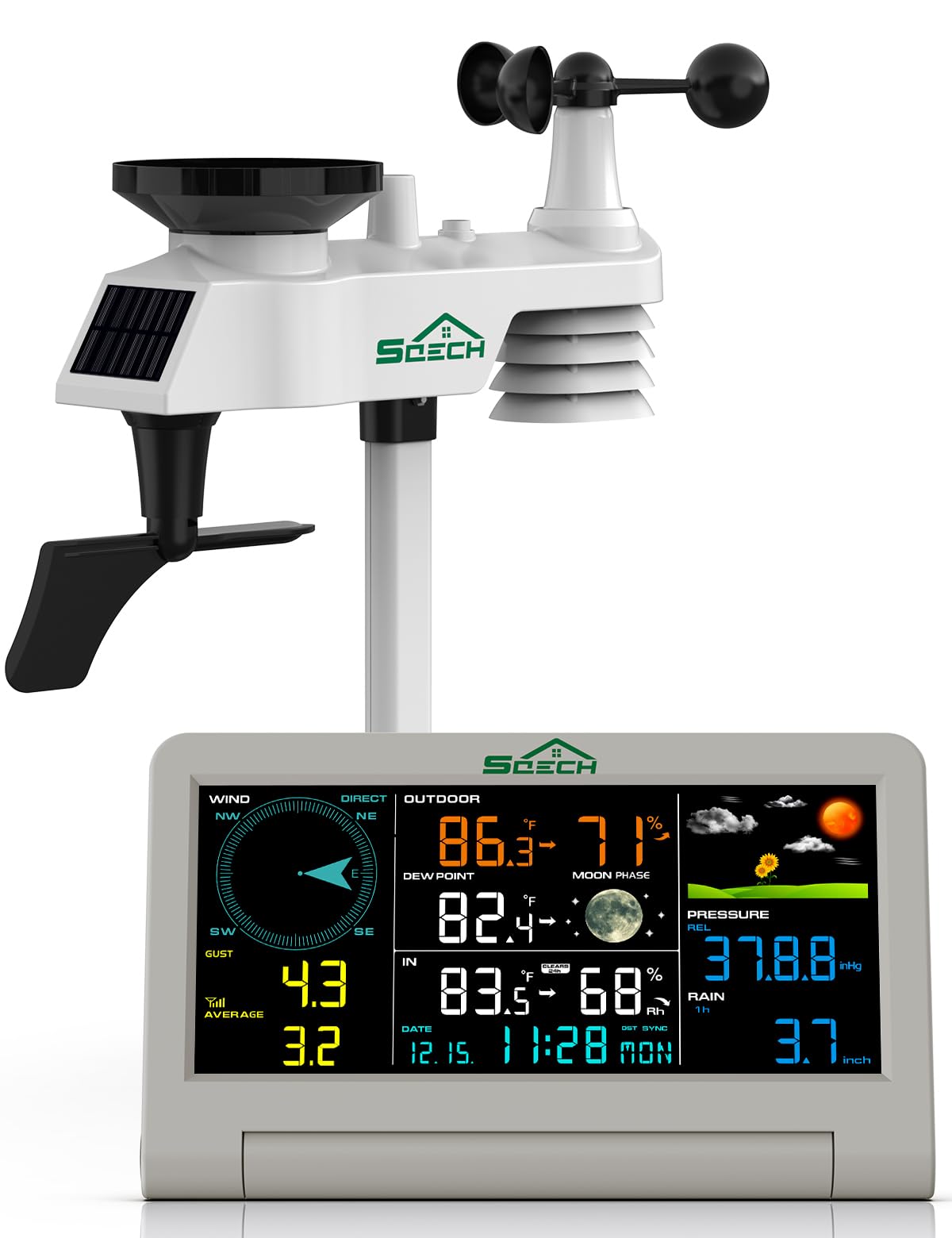 SQECH Wetterstationen Innen und Außentemperatur Funk mit Wettervorhersage | 7-in-1 Wetterstation Funk mit Außensensor, Regenmesser, Windmesser, Temperatur, Luftfeuchtigkeit, Mondphase, Datum, Wecker