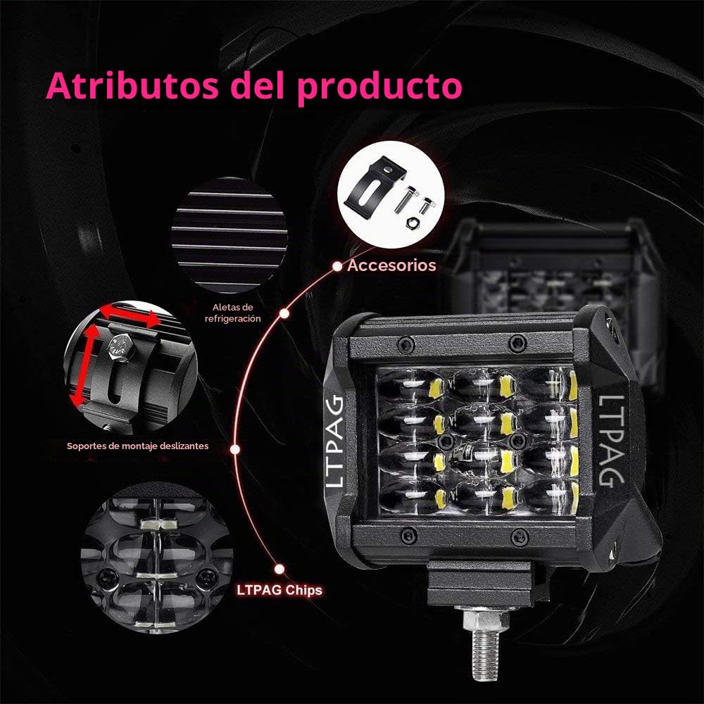 LTPAG 2pcs Faro Trabajo Led, 4" 72W 14400LM Focos LED Tractor 12V-24V 6000K Focos LEDs para Tractores IP68 Impermeable Luz de Niebla Coche,SUV,UTV, ATV, Off-road,Camión,Moto,Barco-Garantía de 2 años