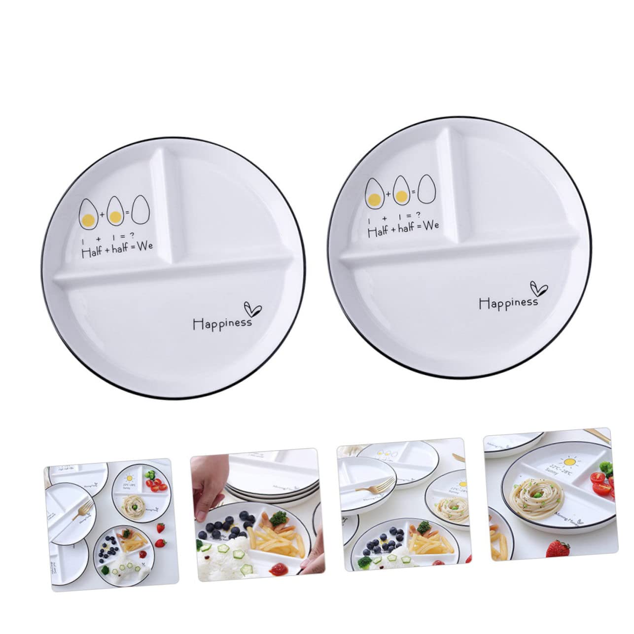 Assiettes en Céramique Compartimentées 3 Sections pour Régime 2 Pièces, Design Divisé Facile à Nettoyer, Maison ou Hôtel Style Aléatoire