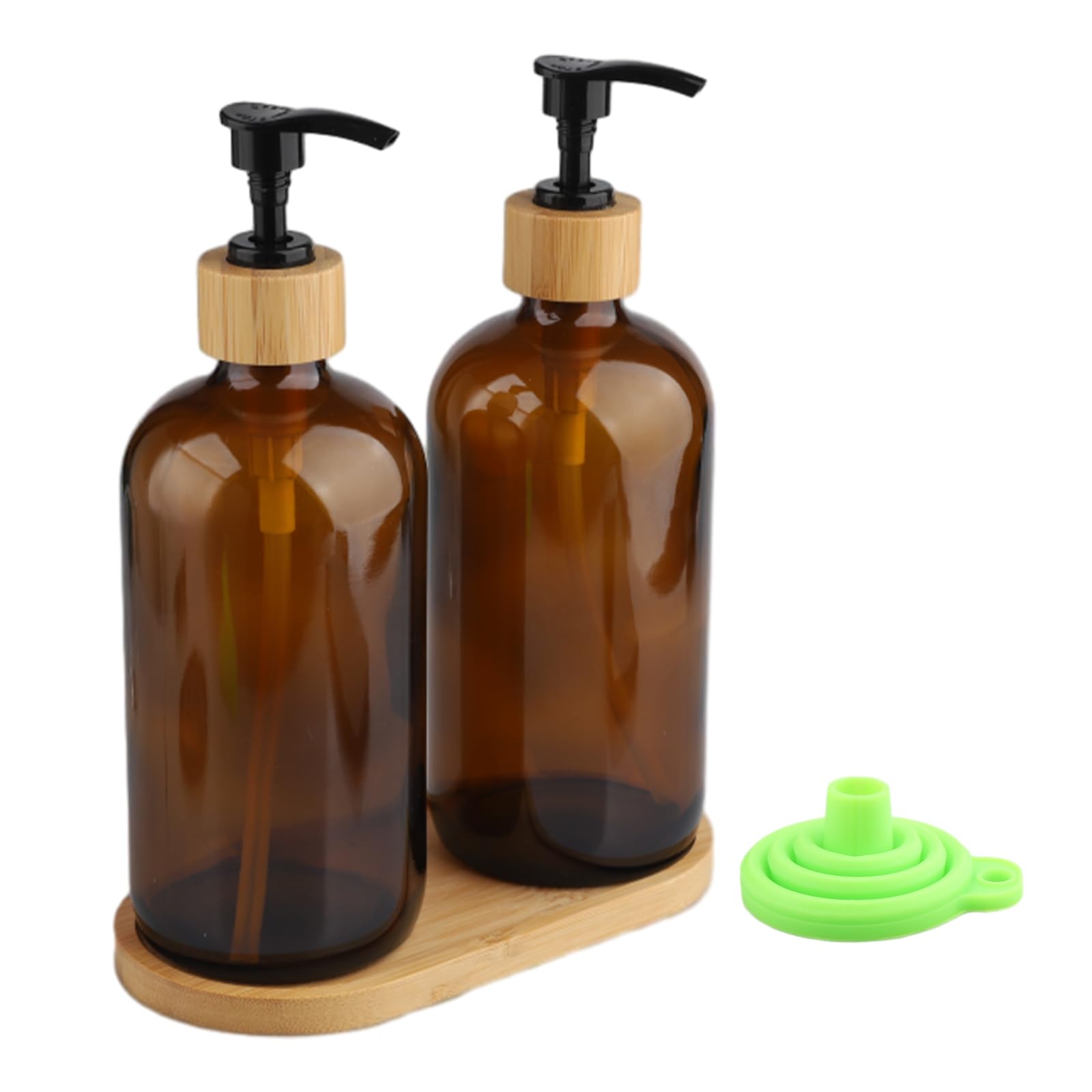 Set di dispenser per sapone in vetro, due da 500 ml dispenser sapone mani, un dispenser ricaricabile con vassoio e pompa, adatto per bottiglie di shampoo, ideale per bagno e cucina (marrone)