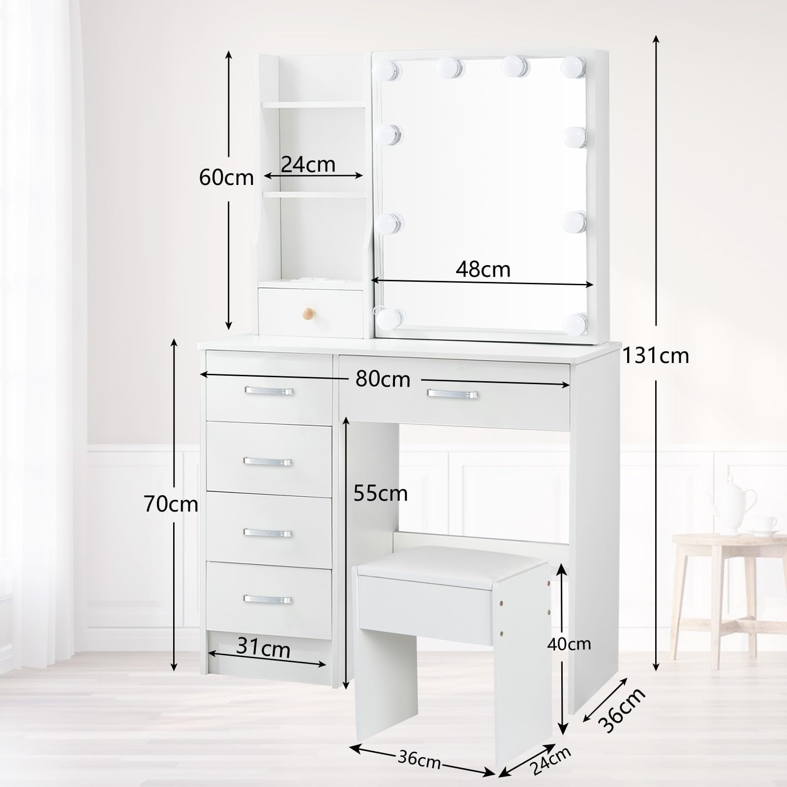 Tavolino da toeletta con specchio e 10 luci LED, cassettiera per trucchi con 6 cassetti e 3 vani aperti, 3 livelli di intensità luminosa regolabili (Bianco)